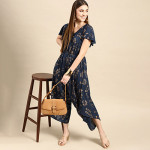 Navy Blue & Golden Ethnic Motifs Printed Basic Jumpsuit