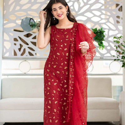 Women Red & Gold-Toned Embroidered Semi-Stitched Dress Material