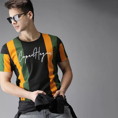 Men Black & Olive Green Striped Round Neck T-shirt