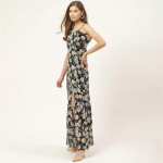 Black & Off-White Floral Print High-Slit Tiered Maxi Dress