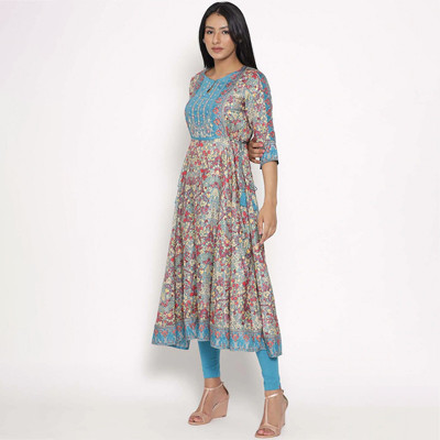 Women Teal Floral Printed Empire Kurti with Salwar