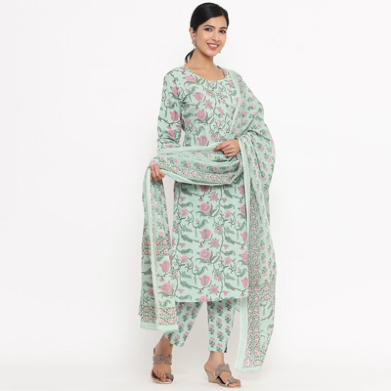 Women Green Floral Yoke Design Pleated Sequinned Pure Cotton Kurti with Salwar & With Dupatta