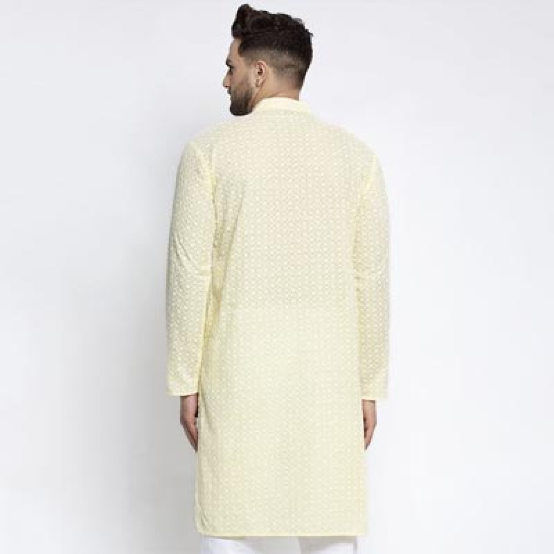 Yellow Floral Embroidered Thread Work Cotton Kurta