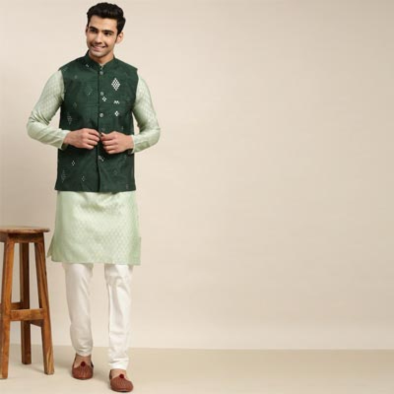 Men Green Ethnic Motifs Woven Design Kurta & Churidar Comes With a Nehru Jacket