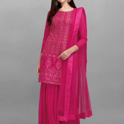 Magenta embroidered semi-stitched dress material