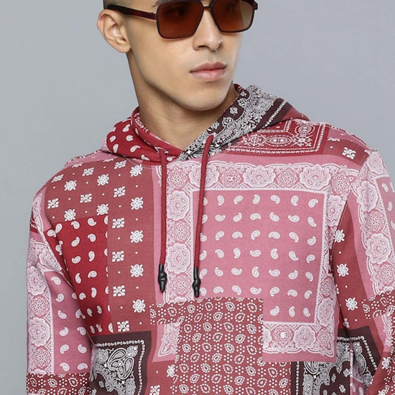 Men Red & Pink Bohemian Printed Pure Cotton Hooded Sweatshirt