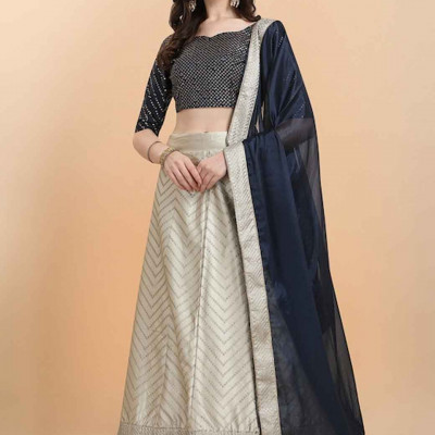 Cream-Coloured & Navy Blue Embellished Sequinned Semi-Stitched Lehenga & Unstitched Blouse