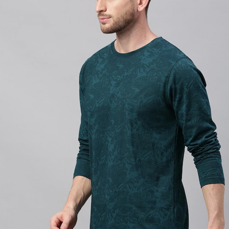 Men Teal Green Slim Fit Tropical Printed Pure Cotton T-shirt