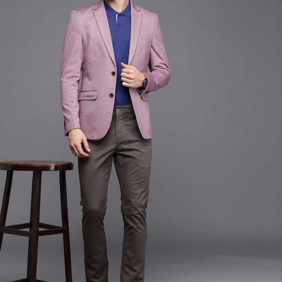 Men Purple Melange Effect Slim Fit Formal Blazer