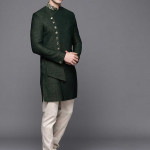 Men Green & Off White Self Design Sherwani Set With Dupatta