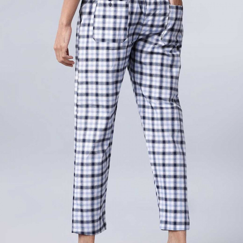 Men White & Navy Checked Cropped Lounge Pants