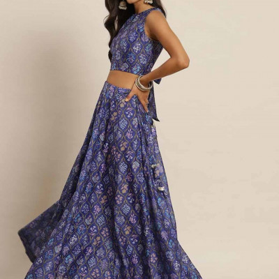 Purple and Blue Printed Ready to Wear Lehenga & Choli