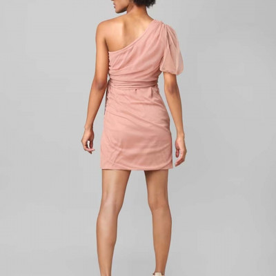 Women Pink Solid One Shoulder Mini Sheath Dress