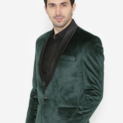 Men Green Solid Single-Breasted Velvet Blazer