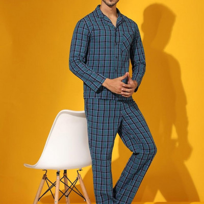 Men Blue & Green Checked Night suit